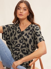 Friends Like These Khaki Green Leopard Animal Petite Short Sleeve V Neck Tunic Top - Image 4 of 4