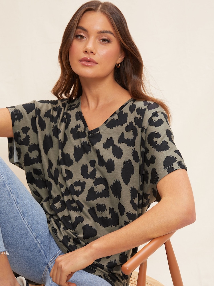 Friends Like These Khaki Green Leopard Animal Petite Short Sleeve V Neck Tunic Top - Image 4 of 4