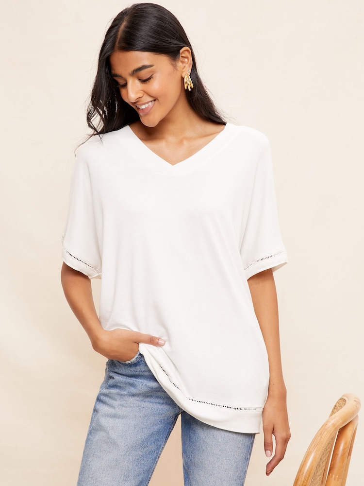 Friends Like These Cream Short Sleeve V Neck Tunic Crochet Top - Image 1 of 4 Friends Like These Cream Short Sleeve V Neck Tunic Crochet Top - Image 1 of 4