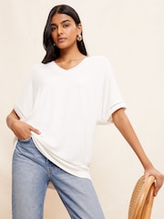 Friends Like These Cream Short Sleeve V Neck Tunic Crochet Top - Image 2 of 4