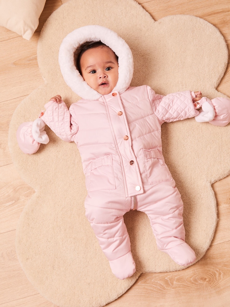 Lipsy Pink Fleece Lined Baby Snowsuit - Image 1 of 4