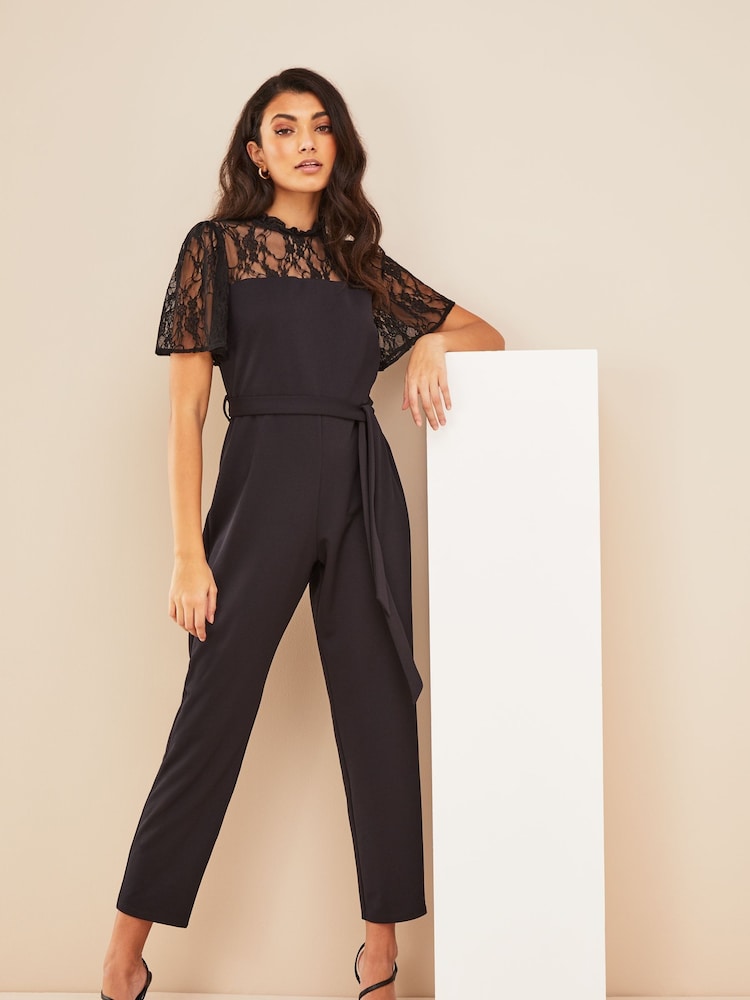 Friends Like These Black Lace Detail Short Sleeve Summer Jumpsuit - Image 1 of 4 Friends Like These Black Lace Detail Short Sleeve Summer Jumpsuit - Image 1 of 4