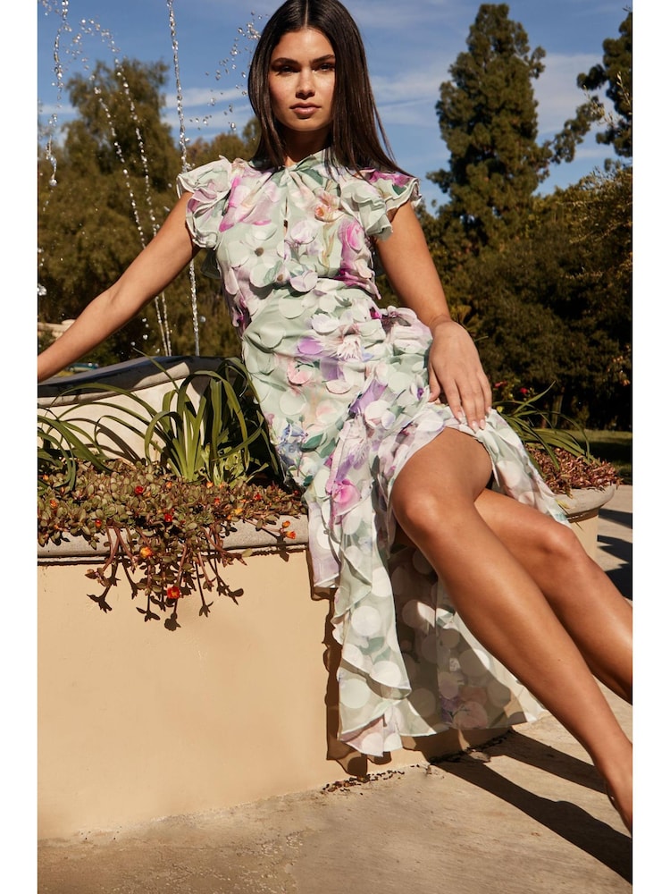 Lipsy Green Printed Keyhole Ruffle Fit and Flare Midi Dress - Image 1 of 4 Lipsy Green Printed Keyhole Ruffle Fit and Flare Midi Dress - Image 1 of 4