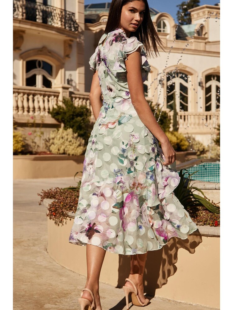 Lipsy Green Printed Keyhole Ruffle Fit and Flare Midi Dress - Image 2 of 4 Lipsy Green Printed Keyhole Ruffle Fit and Flare Midi Dress - Image 2 of 4