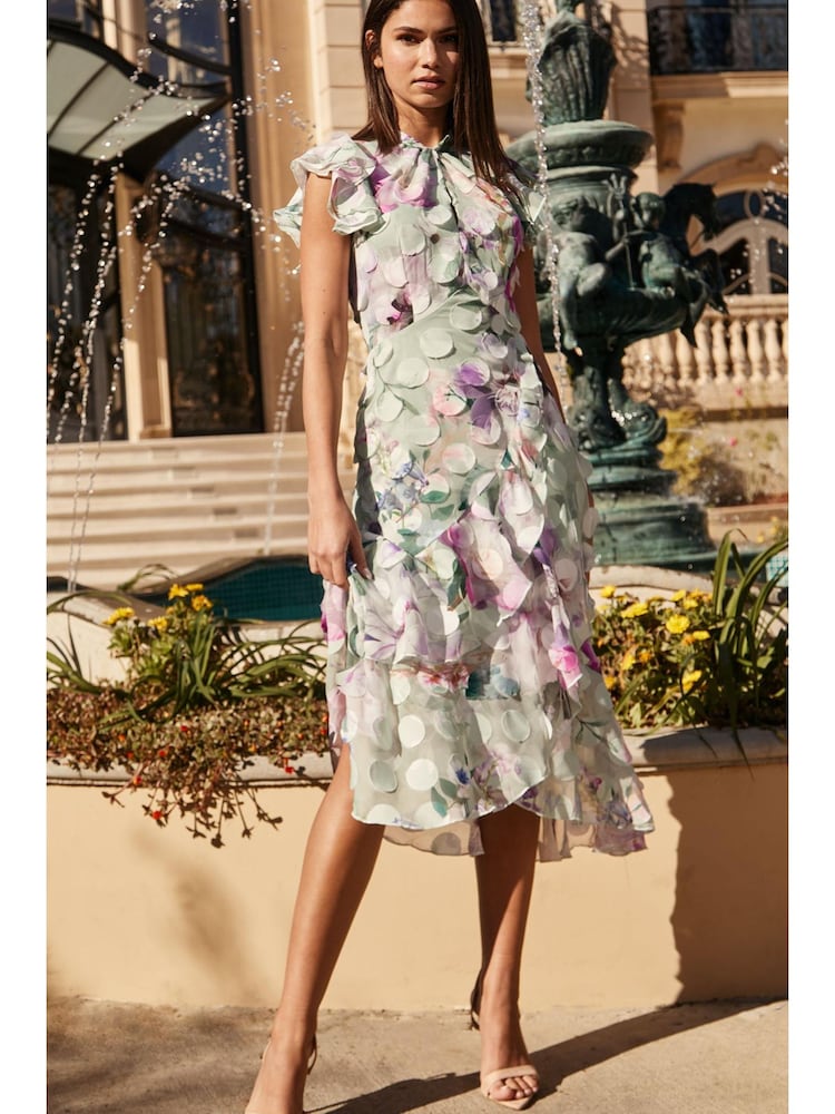 Lipsy Green Printed Keyhole Ruffle Fit and Flare Midi Dress - Image 4 of 4 Lipsy Green Printed Keyhole Ruffle Fit and Flare Midi Dress - Image 4 of 4