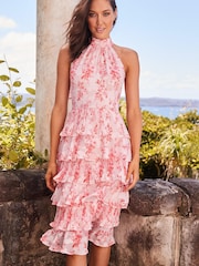 Lipsy Pink Printed Burnout Tiered Halter Midi Dress - Image 1 of 4