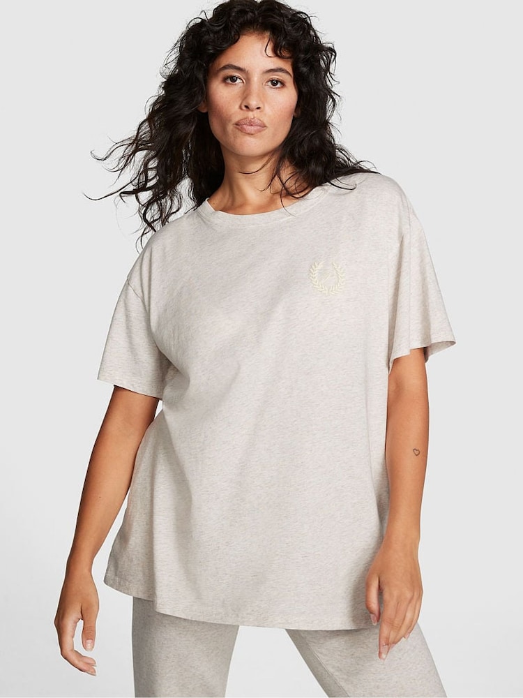 Victoria's Secret PINK Heather Oatmeal Beige Short Sleeve Oversized Campus T-Shirt - Image 1 of 3