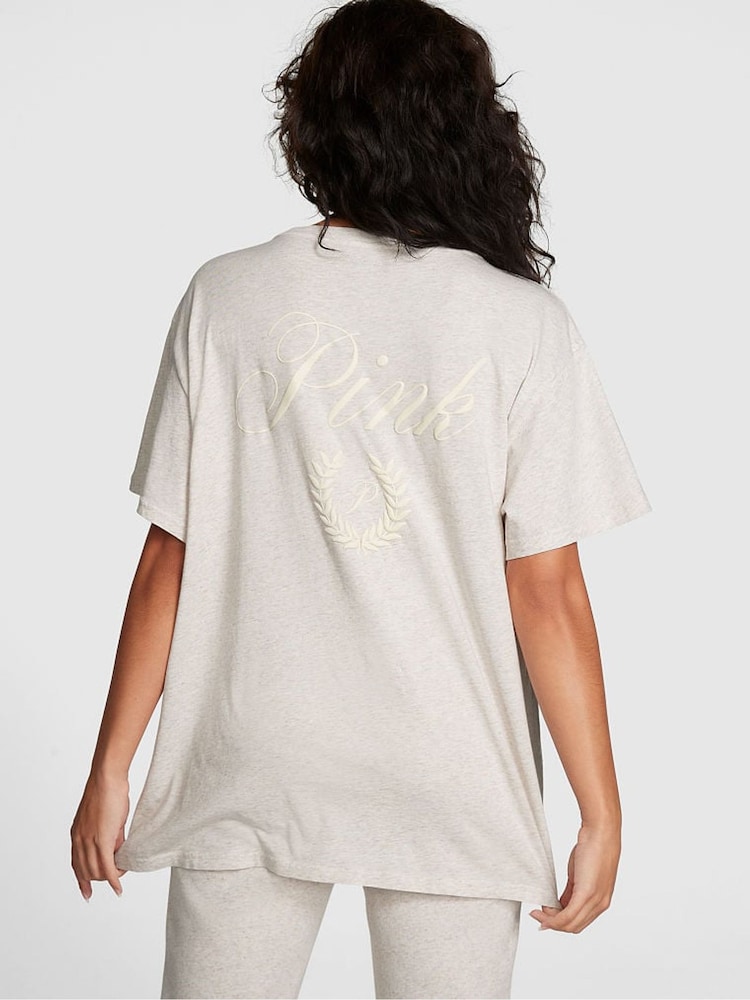 Victoria's Secret PINK Heather Oatmeal Beige Short Sleeve Oversized Campus T-Shirt - Image 2 of 3