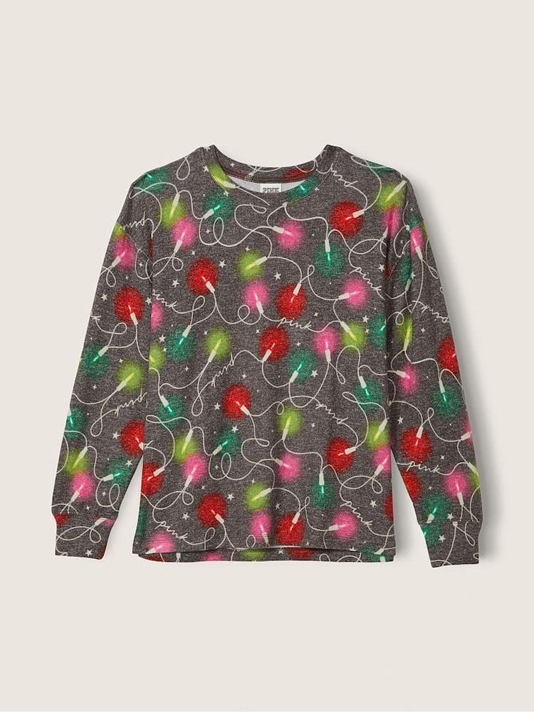 Victoria's Secret PINK Dark Charcoal Holiday Lights Cozy LongSleeve Sleep Shirt - Image 1 of 3