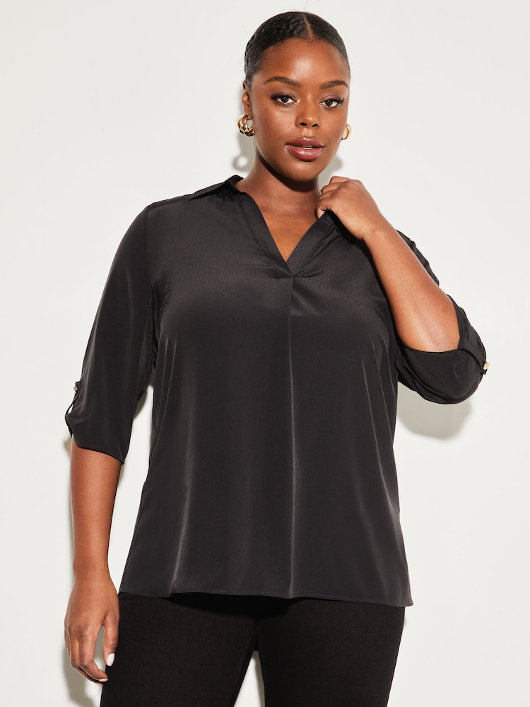 Lipsy Black Curve Curve V Neck 3/4 Sleeve Collared Blouse - Image 1 of 4 Lipsy Black Curve Curve V Neck 3/4 Sleeve Collared Blouse - Image 1 of 4