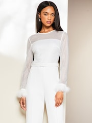 Lipsy White Premium Feather Cuff Hotfix Diamante Wide Leg Jumpsuit - Image 1 of 4