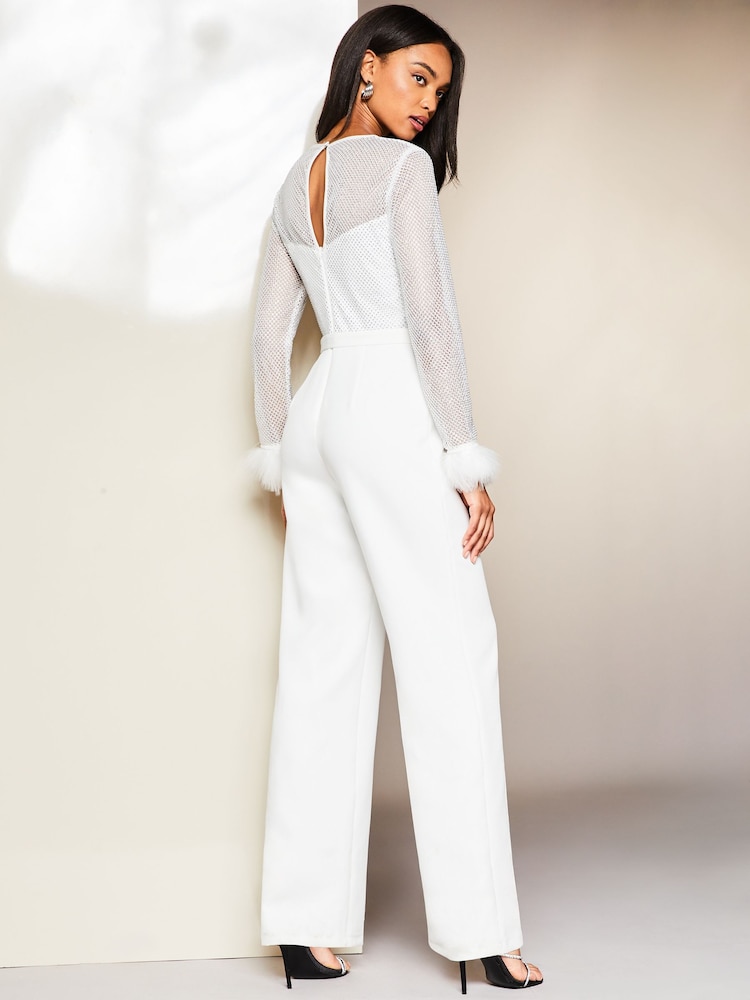 Lipsy White Premium Feather Cuff Hotfix Diamante Wide Leg Jumpsuit - Image 2 of 4