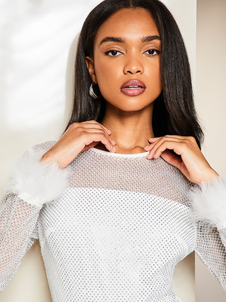 Lipsy White Premium Feather Cuff Hotfix Diamante Wide Leg Jumpsuit - Image 3 of 4