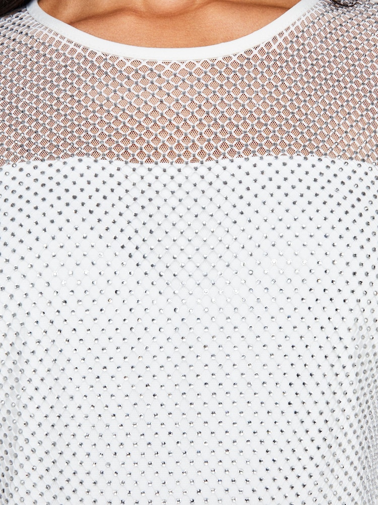 Lipsy White Premium Feather Cuff Hotfix Diamante Wide Leg Jumpsuit - Image 4 of 4