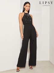 Lipsy Black Petite Sequin Embellished Halter Wide Leg Jumpsuit - Image 1 of 4