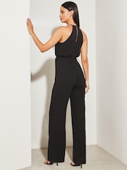 Lipsy Black Petite Sequin Embellished Halter Wide Leg Jumpsuit - Image 2 of 4