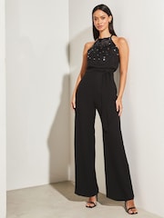 Lipsy Black Petite Sequin Embellished Halter Wide Leg Jumpsuit - Image 3 of 4