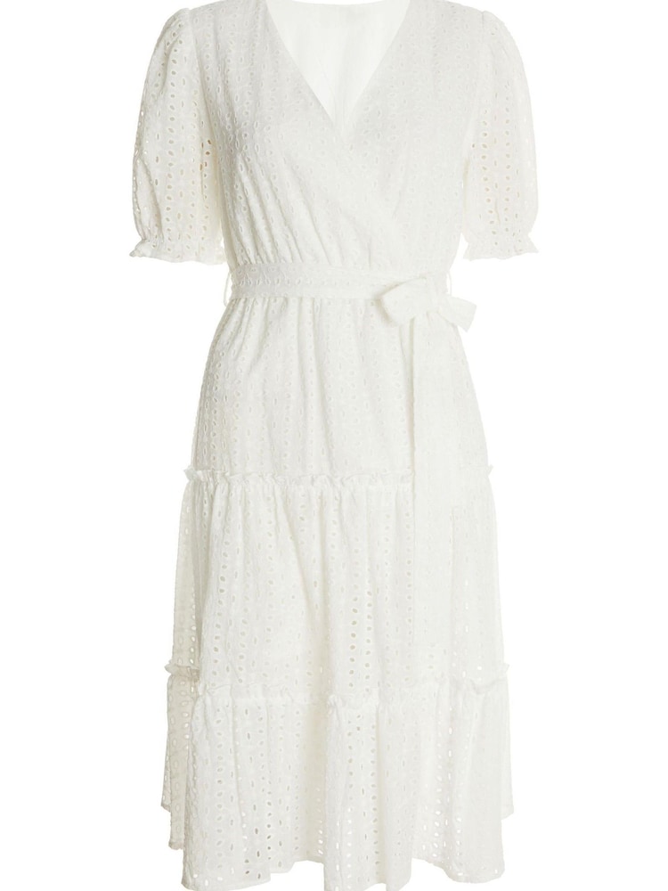 Quiz White Embroidered Wrap Tiered Midi Dress - Image 6 of 6 Quiz White Embroidered Wrap Tiered Midi Dress - Image 6 of 6