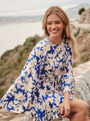 Friends Like These Blue Paisley Flare Sleeve Round Neck Godet Belted Mini Dress - Image 1 of 1