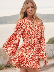Friends Like These Red Flare Sleeve Round Neck Godet Belted Mini Dress - Image 1 of 1