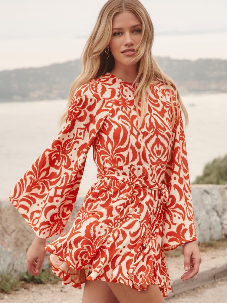 Friends Like These Red Flare Sleeve Round Neck Godet Belted Mini Dress - Image 1 of 1 Friends Like These Red Flare Sleeve Round Neck Godet Belted Mini Dress - Image 1 of 1