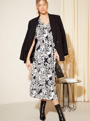 Friends Like These Black/Camel Puff Sleeve Ruched Waist V Neck Midi Summer Dress - Image 2 of 4