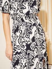 Friends Like These Black/Camel Puff Sleeve Ruched Waist V Neck Midi Summer Dress - Image 3 of 4
