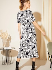 Friends Like These Black/Camel Puff Sleeve Ruched Waist V Neck Midi Summer Dress - Image 4 of 4