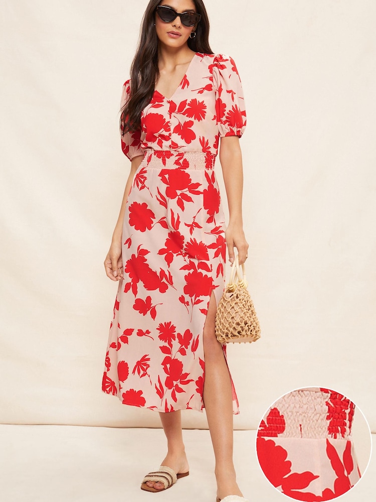 Friends Like These Pink Floral Puff Sleeve Ruched Waist V Neck Midi Summer Dress - Image 2 of 4 Friends Like These Pink Floral Puff Sleeve Ruched Waist V Neck Midi Summer Dress - Image 2 of 4