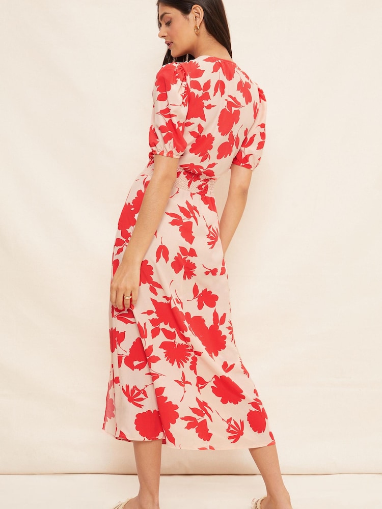 Friends Like These Pink Floral Puff Sleeve Ruched Waist V Neck Midi Summer Dress - Image 4 of 4 Friends Like These Pink Floral Puff Sleeve Ruched Waist V Neck Midi Summer Dress - Image 4 of 4