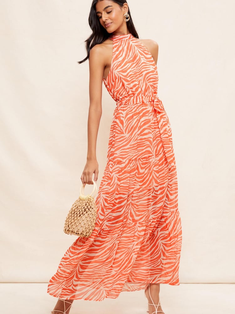 Friends Like These Orange Animal Printed Halter Neck Tiered Belted Maxi Dress - Image 2 of 4 Friends Like These Orange Animal Printed Halter Neck Tiered Belted Maxi Dress - Image 2 of 4