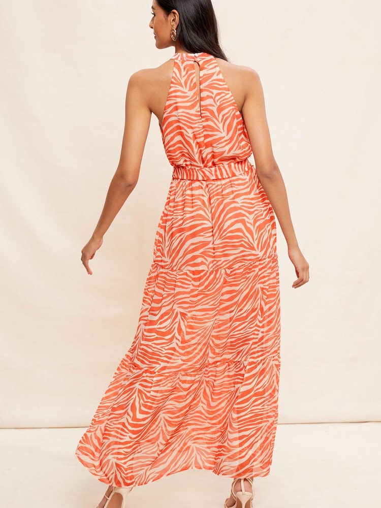 Friends Like These Orange Animal Printed Halter Neck Tiered Belted Maxi Dress - Image 4 of 4 Friends Like These Orange Animal Printed Halter Neck Tiered Belted Maxi Dress - Image 4 of 4