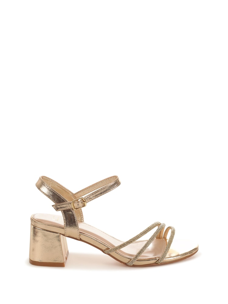 Gold - Linzi Carnation Sandalen mit niedrigem Blockabsatz und Riemchen mit Strasssteinen - Bild 2 von 4 Gold - Linzi Carnation Sandalen mit niedrigem Blockabsatz und Riemchen mit Strasssteinen - Bild 2 von 4