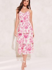 Lipsy Pink Premium Printed Tiered Midi Dress - Image 1 of 4