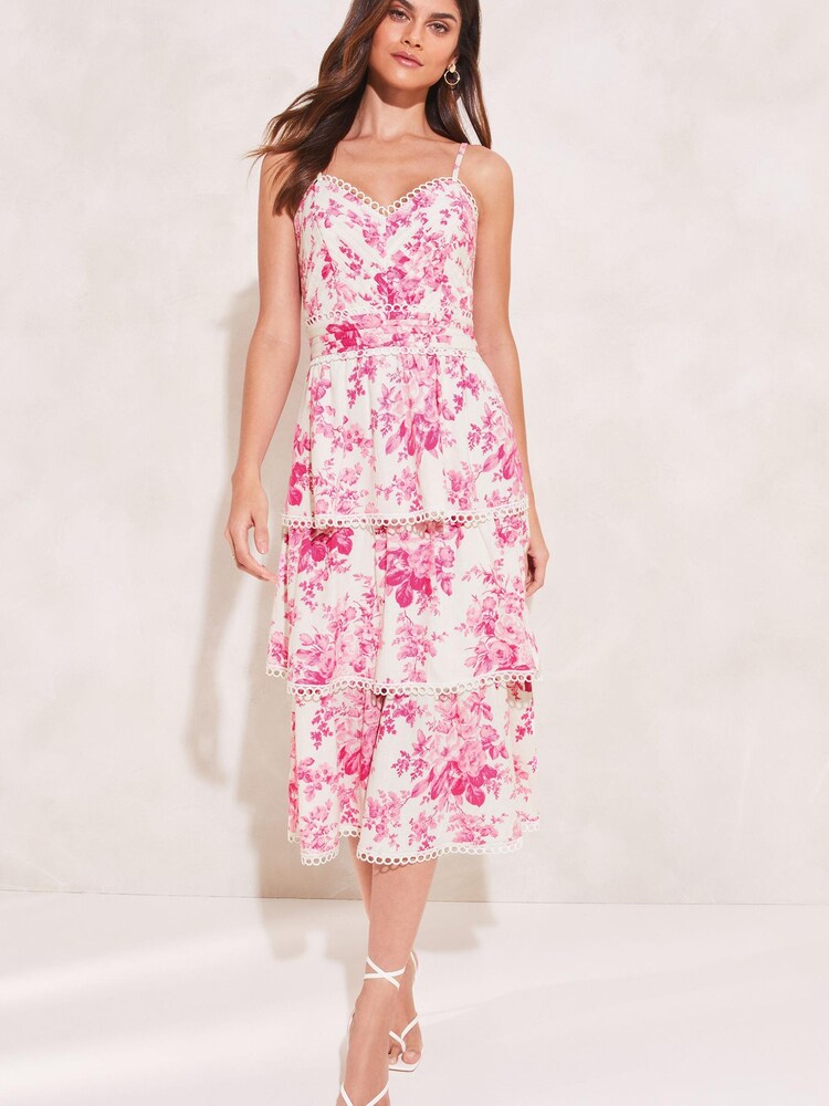 Lipsy Pink Premium Printed Tiered Midi Dress - Image 1 of 4
