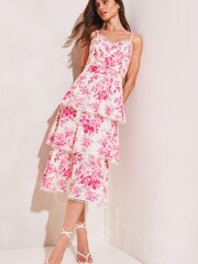 Lipsy Pink Premium Printed Tiered Midi Dress - Image 3 of 4
