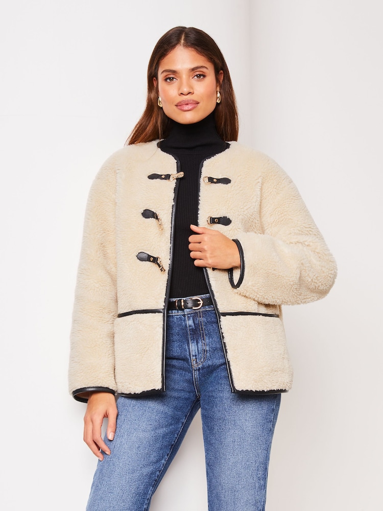 Lipsy Cream Petite Shearling Clasp Detail Jacket - Image 1 of 4