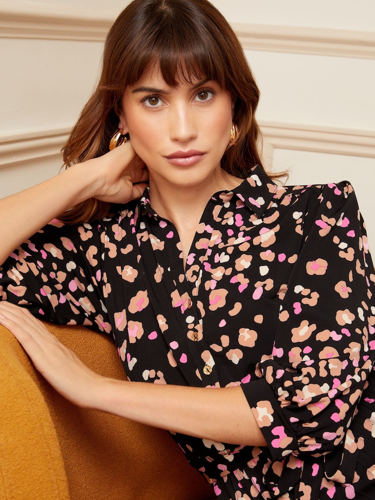 Love & Roses Black Jersey Pleated Tie Waist Mini Shirt Dress - Image 2 of 4 Love & Roses Black Jersey Pleated Tie Waist Mini Shirt Dress - Image 2 of 4