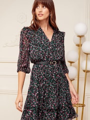 Love & Roses Black Floral Chiffon V Neck Elasticated Sleeve Belted Mini Dress - Image 1 of 4