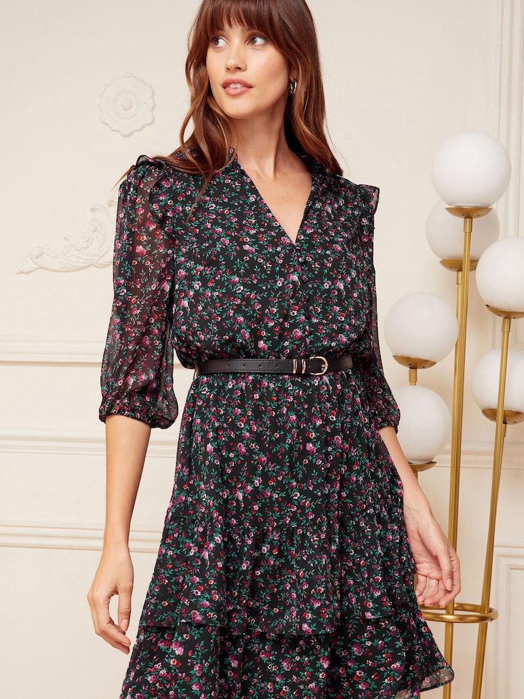 Love & Roses Black Floral Chiffon V Neck Elasticated Sleeve Belted Mini Dress - Image 1 of 4