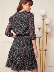 Love & Roses Black Floral Chiffon V Neck Elasticated Sleeve Belted Mini Dress - Image 3 of 4