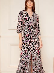 Love & Roses Black Animal V Neck Twist Front Long Sleeve Midi Dress - Image 1 of 4