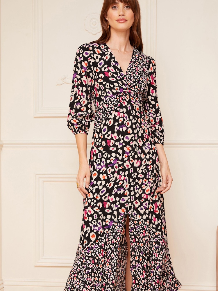 Love & Roses Black Animal V Neck Twist Front Long Sleeve Midi Dress - Image 1 of 4
