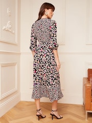 Love & Roses Black Animal V Neck Twist Front Long Sleeve Midi Dress - Image 3 of 4