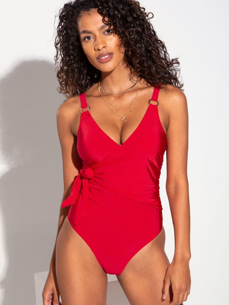 Pour Moi Red Samoa Wrap Over Control Swimsuit - Image 2 of 5