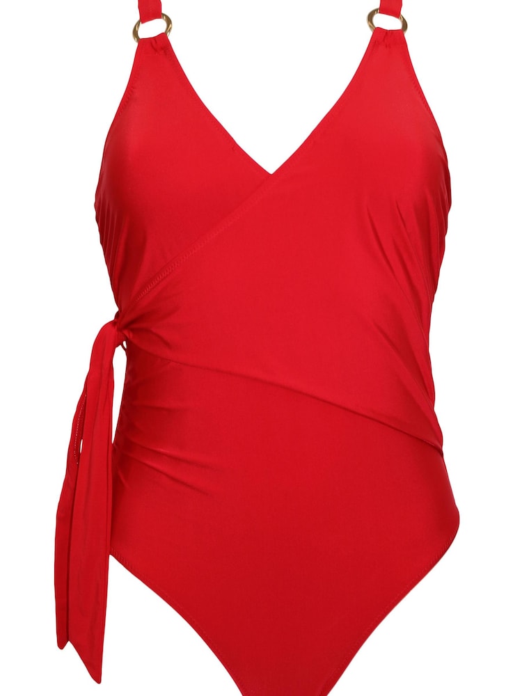 Pour Moi Red Samoa Wrap Over Control Swimsuit - Image 4 of 5