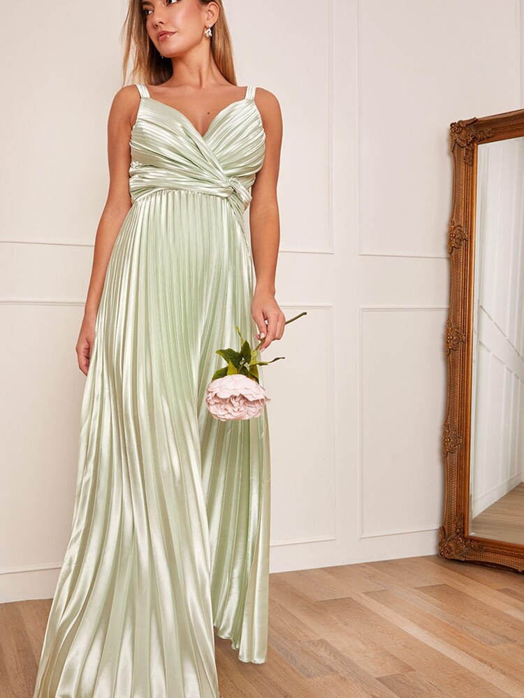 Chi Chi London Sage Green Satin Pleated Wrap Maxi Dress - Image 1 of 5