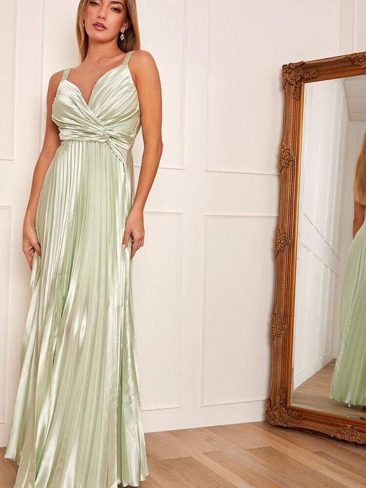 Chi Chi London Sage Green Satin Pleated Wrap Maxi Dress - Image 2 of 5