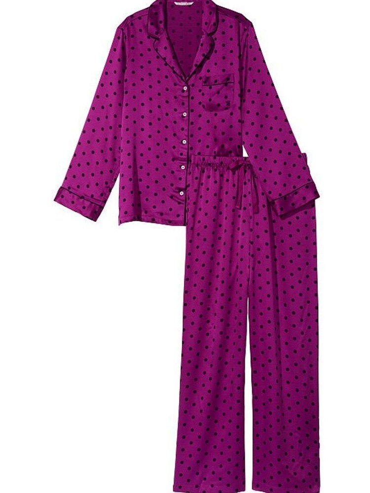Victoria's Secret Raspberry Cooler Purple and Black Dot Satin Long Pyjamas - Image 1 of 1