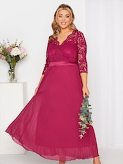 Yours Curve Red Long Sleeve Wrap Lace Dress - Image 2 of 4